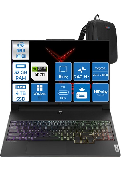 Legion Pro 5 Intel Core I9-14900HX 32GB Ddr5 4tb SSD 8gb/rtx 4070 (140W) 16" 3.2k Windows 11 Pro 883DF00ALTR02 + Zettaçanta