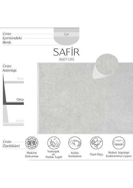 Safir 8607 Gri Halı Yolluk Oturma Odası Salon Halısı Kesme Antre Koridor Halısı Yatak odası halısı