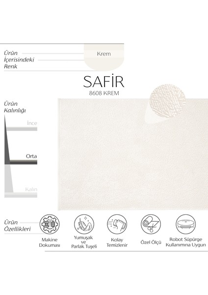 Safir 8608 Krem Halı Yolluk Oturma Odası Salon Halısı Kesme Antre Koridor Halısı Yatak odası halısı