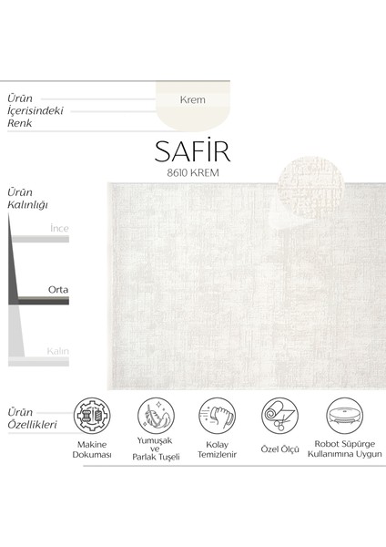 Safir 8610 Krem Halı Yolluk Oturma Odası Salon Halısı Kesme Antre Koridor Halısı Yatak odası halısı