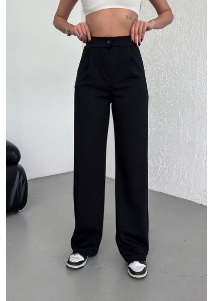 Kadın Siyah Düğmeli Palazzo Pantolon Yüksek Bel Likralı Esnek Beli Lastikli