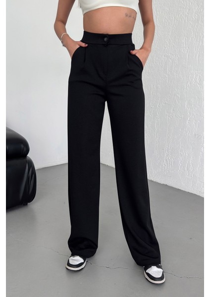 Kadın Siyah Düğmeli Palazzo Pantolon Yüksek Bel Likralı Esnek Beli Lastikli fiyatları