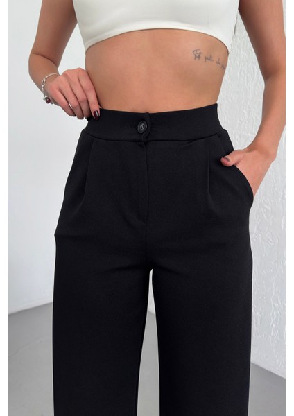 Kadın Siyah Düğmeli Palazzo Pantolon Yüksek Bel Likralı Esnek Beli Lastikli modelleri