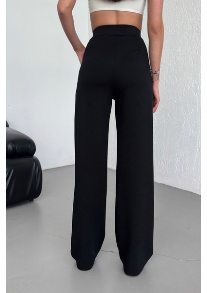 Kadın Siyah Düğmeli Palazzo Pantolon Yüksek Bel Likralı Esnek Beli Lastikli fırsatları