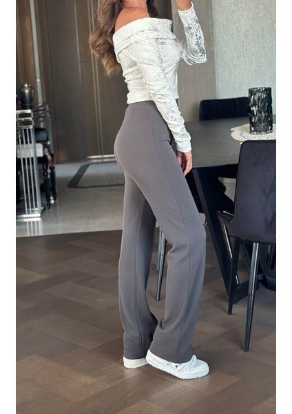 Kadın Lacivert Çımalı Pantolon Yüksek Bel Likralı Esnek Beli Lastikli