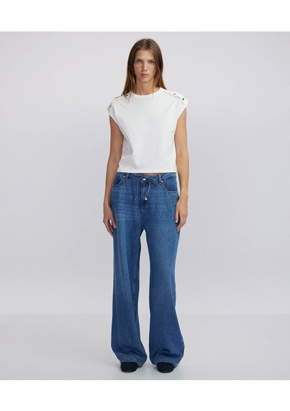 Belden Bağlamalı Wide Leg Fit Jean Pantolon