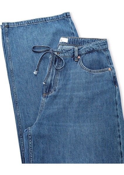 Belden Bağlamalı Wide Leg Fit Jean Pantolon