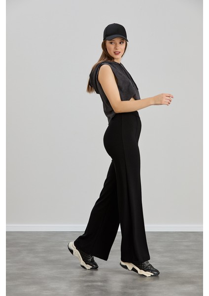 Kadın Siyah Bol Kalıp Ispanyol Paça Çımalı Modal Kumaş Yüksek Bel Likralı Toparlayıcı Pantolon Tayt