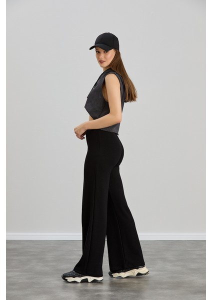 Kadın Siyah Bol Kalıp Ispanyol Paça Çımalı Modal Kumaş Yüksek Bel Likralı Toparlayıcı Pantolon Tayt fiyatları