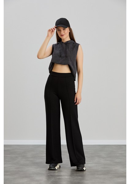 Kadın Siyah Bol Kalıp Ispanyol Paça Çımalı Modal Kumaş Yüksek Bel Likralı Toparlayıcı Pantolon Tayt fırsatları