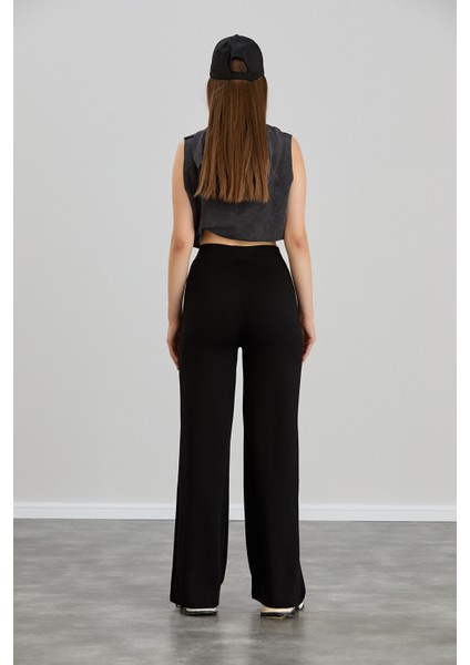 Kadın Siyah Bol Kalıp Ispanyol Paça Çımalı Modal Kumaş Yüksek Bel Likralı Toparlayıcı Pantolon Tayt indirimleri