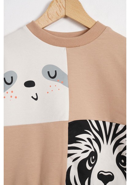 Tembel Hayvan Figürlü Vizon Renk Erkek Çocuk Sweatshırt modelleri