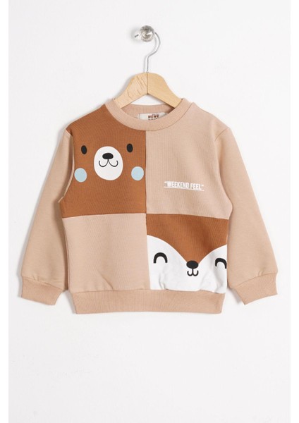 Tilki ve Ayı Figurlu Bisiklet Yaka Camel Renk Erkek Çocuk Sweatshırt