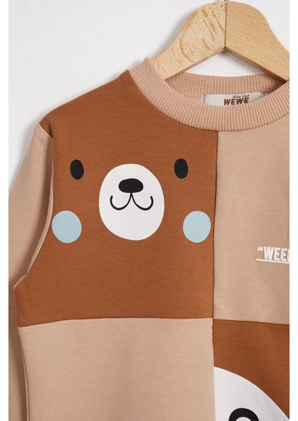 Tilki ve Ayı Figurlu Bisiklet Yaka Camel Renk Erkek Çocuk Sweatshırt fiyatları