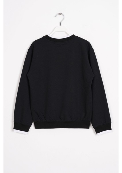 Yakası ve Kolları Garnili Siyah Renk Erkek Çocuk Sweatshirt modelleri