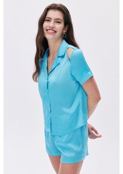 Leyiza Elu Mavisi Kısa Saten Pijama Takımı