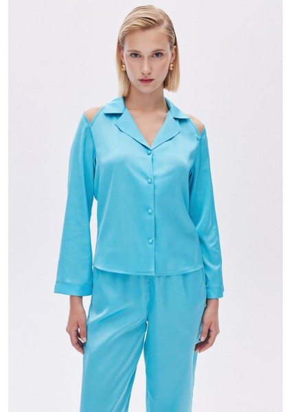 Leyiza Elu Mavisi Uzun Saten Pijama Takımı