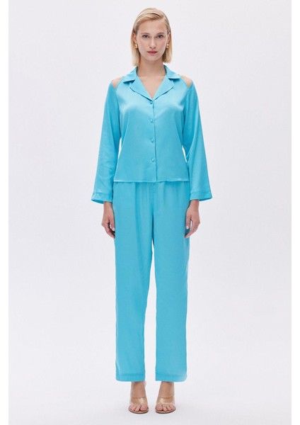 Leyiza Elu Mavisi Uzun Saten Pijama Takımı
