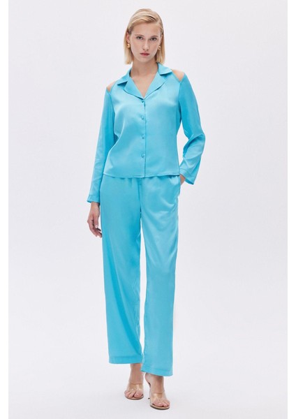 Leyiza Elu Mavisi Uzun Saten Pijama Takımı
