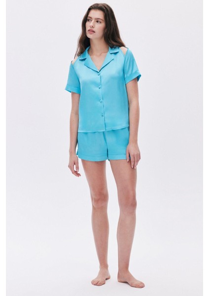 Leyiza Elu Mavisi Kısa Saten Pijama Takımı