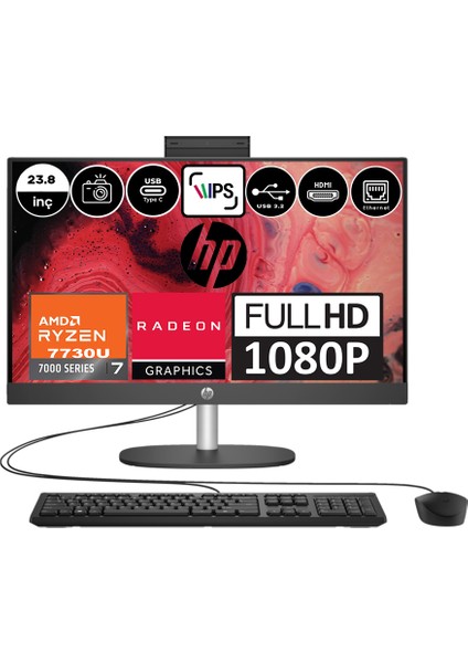 245 G10 Amd Ryzen 7 7730U 16GB 512GB SSD Amd Radeon™ Grafik Freedos 23.8" Fhd IPS Siyah All In One Bilgisayar 9H6V2ETF05 + Zetta Flash Bellek
