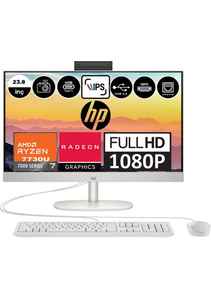 245 G10 Amd Ryzen 7 7730U 32GB 4tb SSD Amd Radeon™ Grafik Windows 11 Home 23.8" Fhd IPS Beyaz All In One Bilgisayar 9H6V1ETH12 + Zetta Flash Bellek