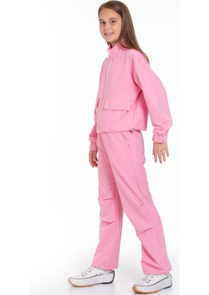 Fermuarlı Beli ve Paçası Büzgülü Lastik Detaylı Koyu Pembe Renk Kız Çocuk Eşofman Takım fiyatları