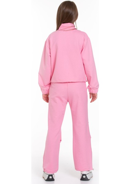 Fermuarlı Beli ve Paçası Büzgülü Lastik Detaylı Koyu Pembe Renk Kız Çocuk Eşofman Takım modelleri