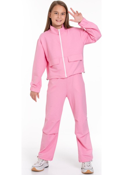 Fermuarlı Beli ve Paçası Büzgülü Lastik Detaylı Koyu Pembe Renk Kız Çocuk Eşofman Takım fırsatları