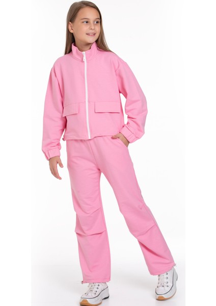 Fermuarlı Beli ve Paçası Büzgülü Lastik Detaylı Koyu Pembe Renk Kız Çocuk Eşofman Takım indirimleri