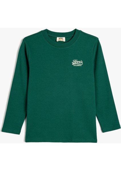 Oversize Tişört Uzun Kollu Bisiklet Yaka Tenis Baskılı Pamuklu