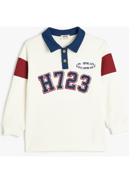 Polo Yaka Sweatshirt Kolej Baskılı Uzun Kollu Düğme Detaylı