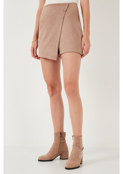 Asimetrik Kışlık Scuba Süet Düğme Detaylı Slim Fit Şort Etek Bayan Şort Etek 5865968 modelleri