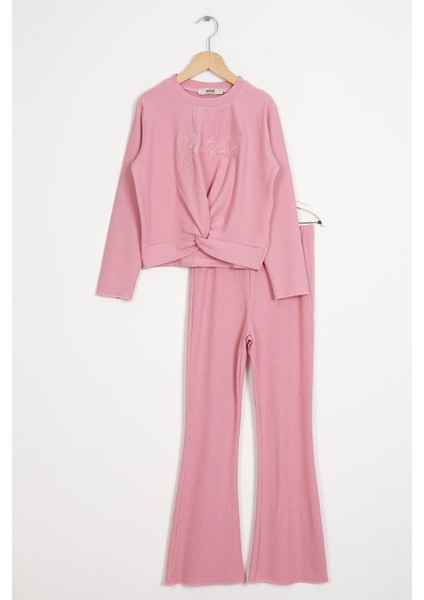 Bisiklet Yaka Uzun Kol Baskılı Gul Kurusu Renk Kız Çocuk Pantolon Takım