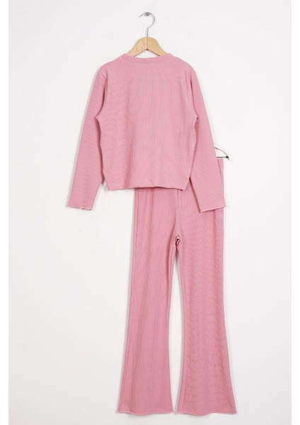 Bisiklet Yaka Uzun Kol Baskılı Gul Kurusu Renk Kız Çocuk Pantolon Takım modelleri