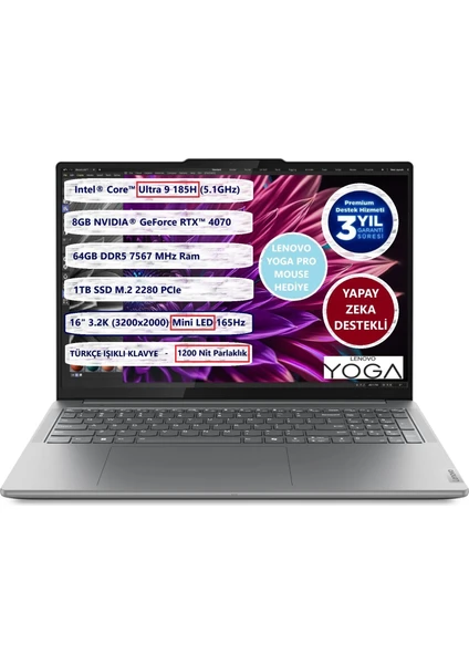 Yoga Pro 9 16IMH9 Intel Core Ultra 9 185H 64GB 1tb SSD 8gb RTX4070 16" 3.2k Freedos 83DN005FTR Taşınabilir Bilgisayar