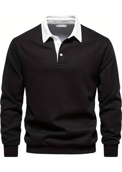 Erkek Retro Renk Bloklu Pamuklu Gömlek Yaka Sweatshirt