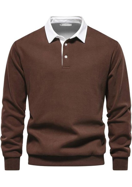 Erkek Retro Renk Bloklu Pamuklu Gömlek Yaka Sweatshirt