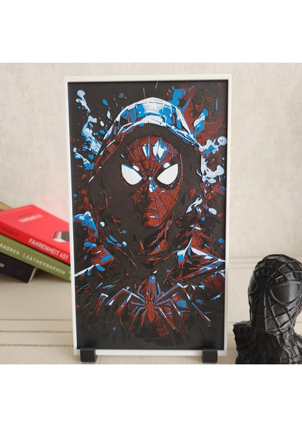 Spider-Verse Miles Morales Kabartmalı 3D Renkli Tablo + Stand Hediye Dekor Dekorasyon Altındal Home