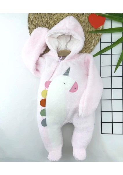 6-9-12-18 Ay Kuzu Tüylü Kumaş Unicorn Nakışlı Kapşonlu Fermuarlı Kız Erkek Bebek Tulumu