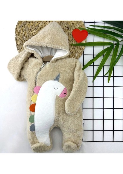 6-9-12-18 Ay Kuzu Tüylü Kumaş Unicorn Nakışlı Kapşonlu Fermuarlı Kız Erkek Bebek Tulumu