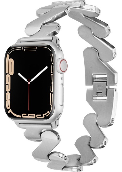 Apple Watch Uyumlu 7 8 9 45MM Kordon Metal Kıvrımlı Desenli Parlak Çelik Krd-80