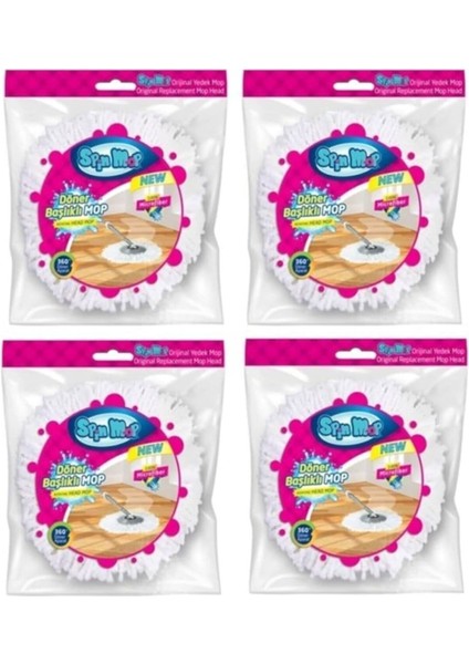Spin Mop Döner Başlıklı Mikrofiber Mop Yedek Beyaz 4'lü Set