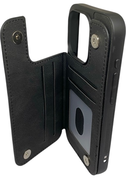 Apple Iphone 15 Pro Kartlıklı Lüx Deri Kılıf Siyah modelleri