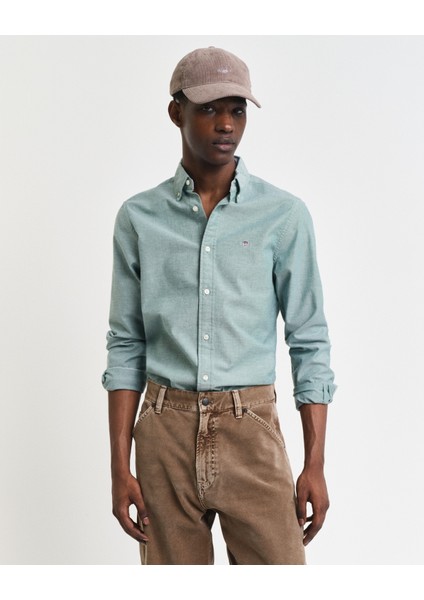 Erkek Yeşil Slim Fit Düğmeli Yaka Logolu Oxford Gömlek 3230115.373