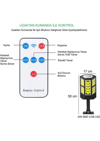 249 LED Güneş Enerjili 3 Modlu Şarjlı Kumandalı Solar Aydınlatma Lamba fırsatları