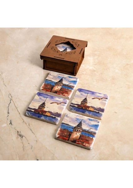 Galata Kulesi ve Kız Kulesi Özel Ahşap Kutulu 4'lü Traverten Bardak Altlığı