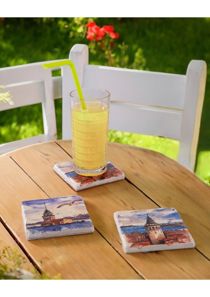 Galata Kulesi ve Kız Kulesi Özel Ahşap Kutulu 4'lü Traverten Bardak Altlığı modelleri
