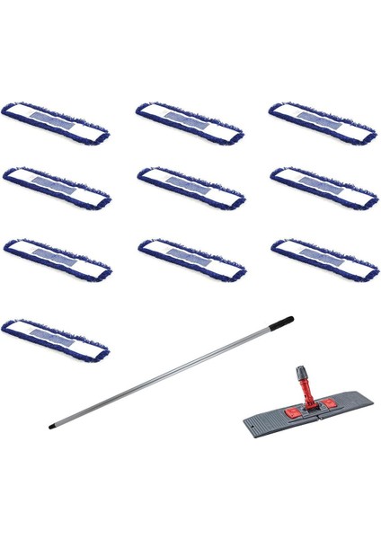 Mavi Statik Toz Mop Takımı 50 cm, 10 adet, sap ve tutucu, temizlik seti, yedek, renk: mavi
