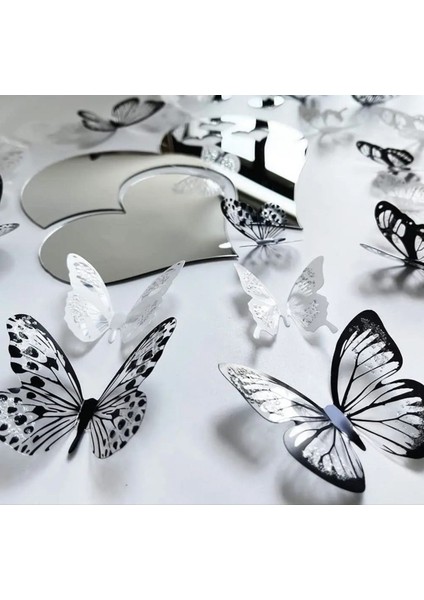 18'li 3D Siyah-Beyaz Simli Kanatlı Kelebek Duvar Stickerleri, Kolay Uygulama